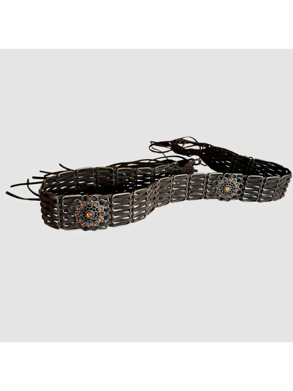 Chocolate Brown Braided Woven Faux Leather Ornate Concho Rhinestone Fringe Belt